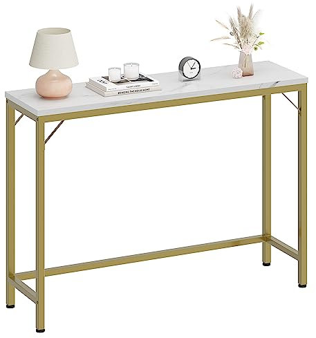 Konsolentisch gold, Beistelltisch, Oberfläche aus Marmoriertes Muster, Sofatisch, Flurtisch, Ausstellungstisch gold für Wohnzimmer, Flur, Schlafzimmer, Metallrahmen, verstellbare Füße, 100x80x23CM