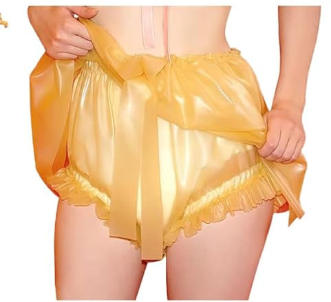 Transparent Sexy High Taille Latex Slips Mit Rock Schnürung Front Rüschen Lose Gummi Windel Unterhose Unterwäsche Hosen, Transparent,XL