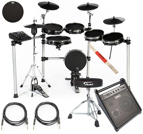 Fame E-Drum Set DD-One XT mit 29 Drumkits, 554 Sounds, Recording Funktion, USB Song Player, 6 Fader, 12 Snare/Bass Drum, 10 Tom-Tom, HiHat, Metronom, EQ, inkl. Hocker, Sticks, Kabel, Pad, Monitor