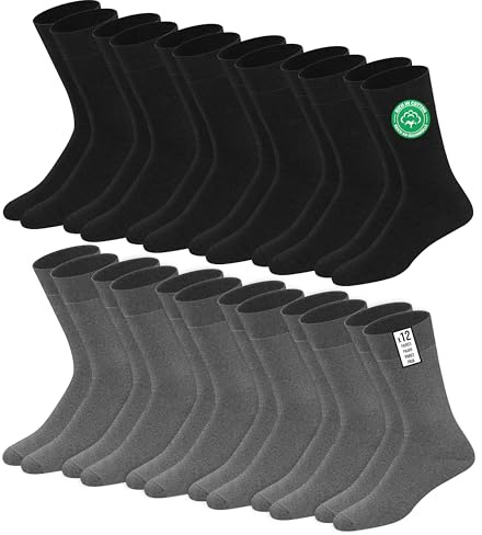 SOXCO Lot de 12 paires de chaussettes homme | Chaussettes habillées mi-mollet riches en coton | Tissu respirant idéales pour le travail et le quotidien | Noir, Blanc, Gris, Bleu Marine