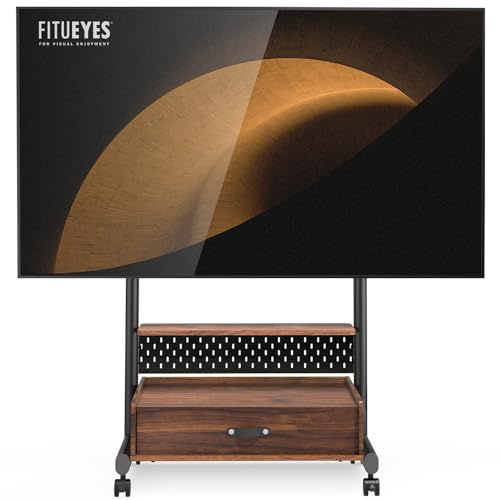FITUEYES TV Ständer Rollbar Höhenverstellbar, Fernsehständer mit Rollen Schublade Ablage Lochwand, TV Bodenständer Holz für 40-85 Zoll Fernseher bis zu 60kg, Max.VESA 600x400mm (Braun+Schwarz)