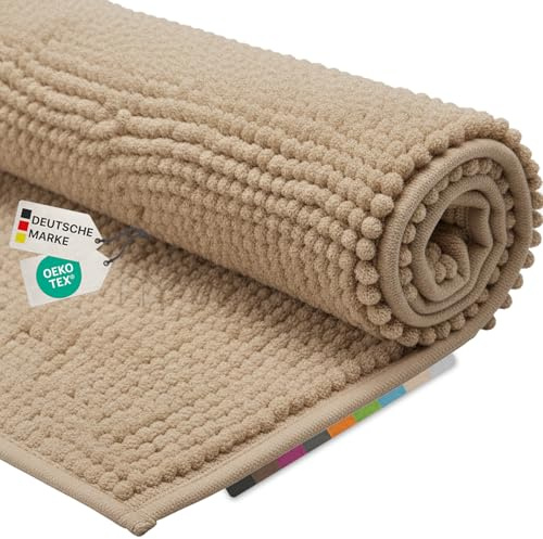 NYVI Badematte NYVISpa Chenille WC Vorleger 45x50 cm ohne Ausschnitt Beige | Rutschfest, Saugstark, Schnell Trocknend, Fußbodenheizung geeignet, OEKO-TEX, Waschbar, Weich