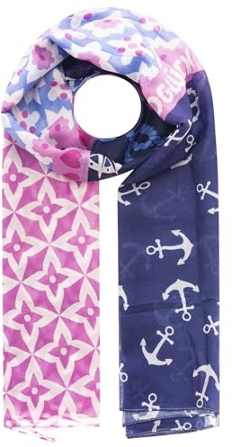 Zwillingsherz Damen Schal mit Blumen- und Ankermuster, Marineblau-Pink, Sommer-Tuch