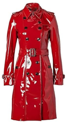 ZM ATTIRE Shinny Trenchcoat für Damen, lange Winterjacke, Rot – PVC-Mantel, M