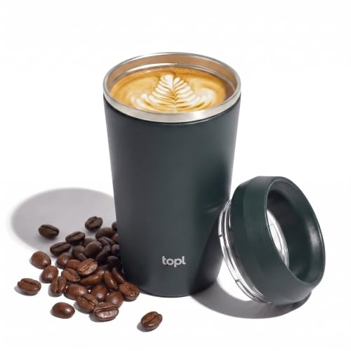TOPL To Go Coffee Cup – Insulated Travel Coffee Mug with 360° Leak‑Safe Lid, Stainless Steel Coffee Tumbler for Hot/Cold, Spill‑Resistant, BPA‑Free - Charcoal, 12 oz