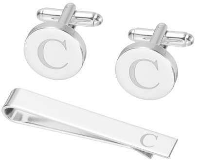 PATIKIL Gemelos Para Hombre, Clip De Corbata Con Inicial Y Juego De Gemelos Para Hombre Clásico De Cobre Personalizados Y Barra De Corbata, Letra C(Tono Plateado)