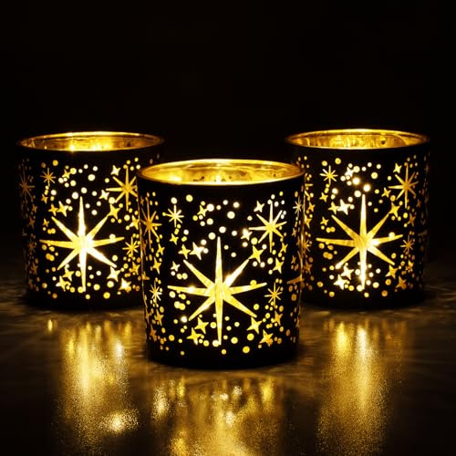 Toptime Teelichthalter 3er Set, Schwarz Gold Windlicht Glas für Tischdeko, Stern Muster Kerzenhalter Glas für Klein Teelichter, Romantischer Teelichtgläser für Weihnachten, Geburtstag, Hochzeit, Party