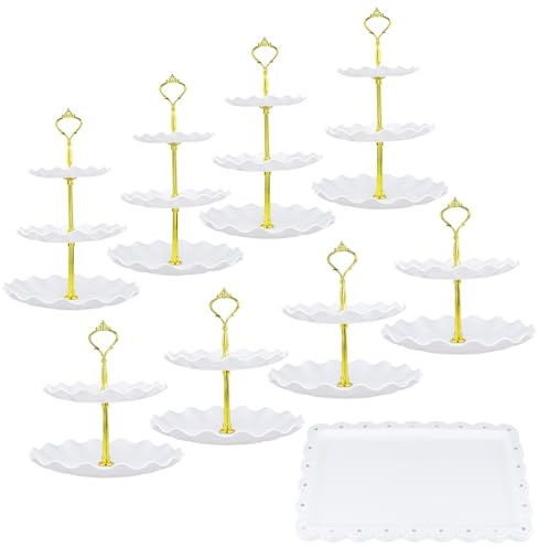 PINGEUI 10 Pack Cake Stand Set, Cupcake Stands with 3 x Two-Tier Square Afternoon Tea Stands, 3 x Three-Tier Round Cupcake Display Stand, 4 x Rectangle Serving Trays for Wedding, Birthday, Party