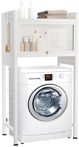 Sinbide-Estantería de Almacenamiento sobre Lavadora con Puerta Elevable – Diseño Antideslizante y Robusto, Organizador de Baño o Lavandería (Blanco)