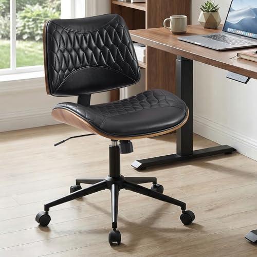 KBEJDBS Walnut Bentwood Mid Back Armless Office Chair 1 Pack, Adjustable Height PU Leather Swivel Desk Chair with Wheels, Rolling Computer Task Chair for Home Office, Study, Meeting Room