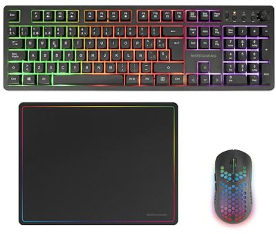 Mars Gaming MCPWX, Trådlös Gaming-Combo, DualPro Link 2.4GPRO-teknologi, Fullstorlek FRGB-tangentbord med Multimediakontroll + RGB 3200DPI-mus + Halkfri musmatta 360x260mm, Svart, Spanska