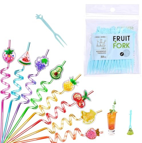 CLDURHGE Pajitas Fiesta Espiral Reutilizables 8 Unidades con diseños de Frutas + 50 Palillos Decorativos Azules de plástico 27cm para cumpleaños Infantiles, barbacoas y Celebraciones temáticas