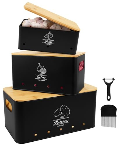 Potatis förvaringslåda set, 3 potatislådor, metall grönsakslåda med bambulock, vitlöksbehållare med ventilationshål, lökförvaring, håller grönsaker färska längre med potatisskärare, skalare