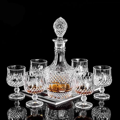 Bourbon Clear Whiskey Decanter，Hand painted Liquor Decanter Glasses Set, Crystal Design Decanter and 6 Glasses，Bourbon Scotch Vodka Wine，tequila，Home bar ，Brandy， Gifts for men | Sparkling glass Decanter，Czech crystal glass，High Transparency，Hand Painted Liquor Decanter and 6 Glass Set，Gifts for men