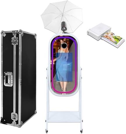 Photomaton miroir avec parapluie doux et léger, écran tactile de 54,6 cm, appareil photo reflex numérique avec étui de transport pour événement, location, fête de mariage (machine + mini imprimante)