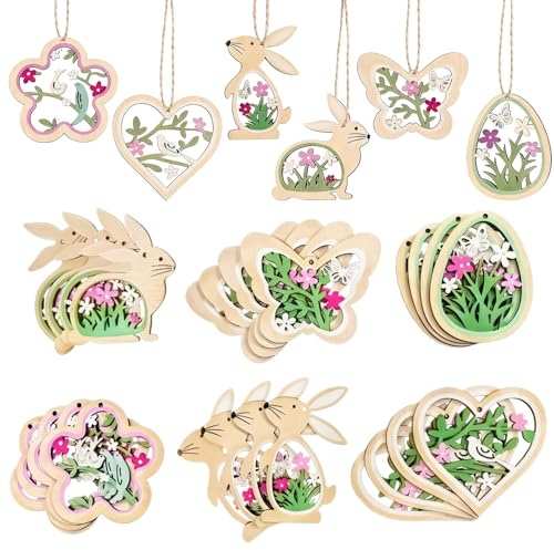 CIYIN 24 Pezzi Decorazioni Pasquali da Appendere, Ciondoli Pasquali in Legno, Coniglietto Pasquale Uova, Farfalle, Fiori, Ciondoli di Decorazione di Primavera, Ciondoli in Legno per Albero Pasqua