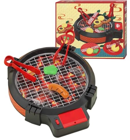 Spiel Grill | Interaktives Realistisches Spielzeug Mit Geräuschen - Spielküche BBQ Set mit Zubehör,Für Kinder Mädchen Garten Camping Kinderzimmer Geburtstag