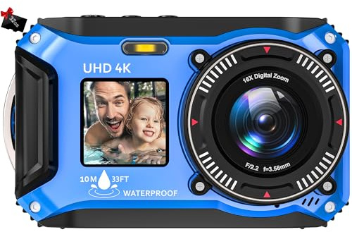 Unterwasserkamera, ZANTEEY UHD Autofocus Digitalkamera wasserdichte 4K 64MP mit Einer 32GB Karte Selfie Doppelte Bildschirme wasserdichte Kamera 33FT zum Schnorcheln