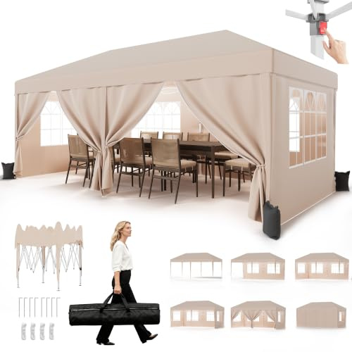 JUMMICO Pavillon 3x6 Wasserdicht Stabil Winterfest Höhe Verstellbar,Faltpavillon mit 6 Seitenwänden,Pavillion UV Schutz 50+,Gartenpavillon Faltzelt für Garten, Innenhof, Camping,Gazebo Beige