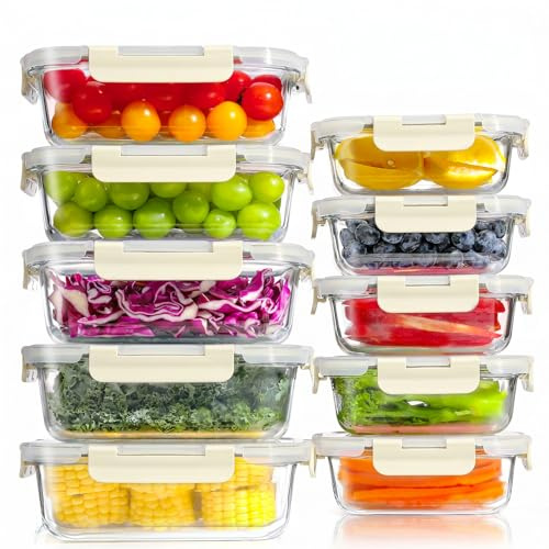 YASHE Set 10 Contenitori Vetro per Alimenti con Coperchi Ermetici, Senza BPA, Adatti a Microonde, Forno, Frigo e Congelatore, per Meal Prep, Bianco