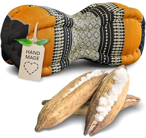 Livasia Coussin appuie-Nuque - Ø 13x43cm - Coussin cale-Nuque Forme de Papaye, Bolster de Sofa, Support de Lecture kapok, Jardin Balcon, Oreiller de Voyage Fait Main (Noir/Orange)