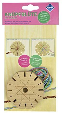 Pebaro KBL1-Set Knüpfblüte aus Vollholz, Buche, inkl. Knüpfgarn in 7 verschiedenen Farben, Bastelset, Gestalten von Freundschaftsbändern, Schnürsenkeln, Haarbändern, Spiel gut, Geschenkidee