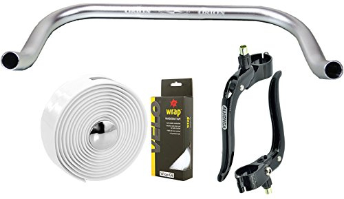 Permanent cykel bullhorn Fixie Singlespeed racercykel triathlon-styre silver 400 mm med matchande bromsspak och vitt styrband