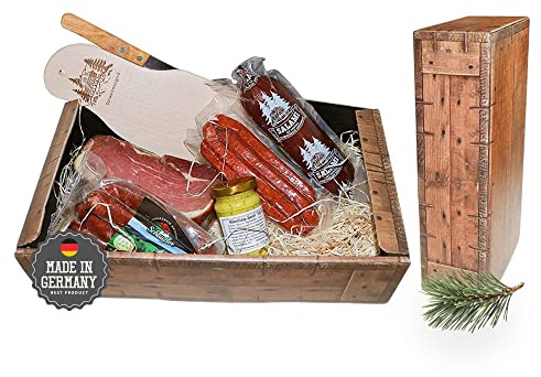 Schwarzwald Metzgerei Geschenkkorb „Nostalgie – 6-teiliger Präsentkorb mit leckeren & herzhaften Wurstspezialitäten wie Schwarzwälder Schinken oder Landjäger, Schneidebrett & -messer und Gourmet-Senf