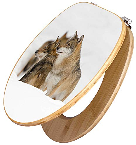 banjado Design WC Sitz Bambus 45x37,5cm / Toilettendeckel Holz/hochwertiger Toilettensitz/Bambus-Toilettendeckel für alle gängigen Toiletten - Wölfe