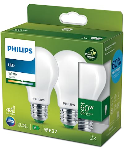 Philips LED Classic ultraeffiziente E27 Lampen 2-er Pack (60 W), matte LED Lampen mit neutralweißem Licht, energiesparende Lampen mit langer Nutzlebensdauer, Energieeffizienzklasse A