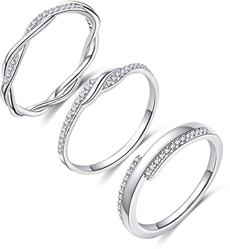 FUNEIA 3 Stück Ring Silber Damen Frauen Stapelbare Ringe Set 18 Karat Weißgold Ehering Verlobungsring Trauringe Weiß Zirkonia Fingerring Knöchelringe Schmuck Größe 49-62 (Silber Set, 52（16.5）)