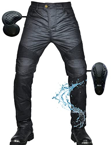 Herren Motorradhose Wasserdichte Beschichtete Motorrad Reiten Schutzhose Denim Jeans Reißfester Stretch Vintage Jeanshose mit Abnehmbar Rüstung Knie-Hüftpolster (Black,2XL)