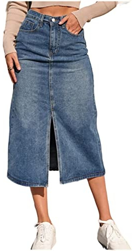 COTCLO Lång kjol hög midja rak denimkjol kvinnor vintage delad gaffel blå lång bodycon penna jeanskjol