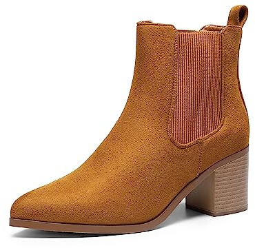 DREAM PAIRS Botas de tobillo Chelsea elásticas retro para mujer, tacón bajo y grueso, punta puntiaguda, tacón de otoño, zapatos de tacón, Bronceado-Gamuza, 37.5 EU