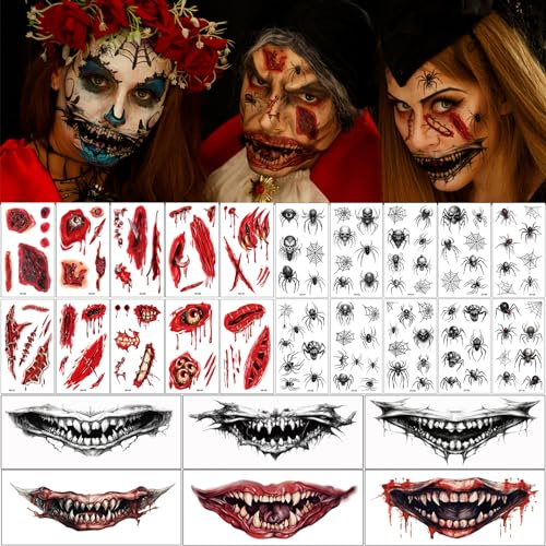 26 Blatt Halloween Tattoo, Spinne und Narben Wunden Gesichts Mund Temporäres Tattoo, Schaurig Blutige Zombie Vampir Tattoo für Tag Der Toten Cosplay Party Deko Kinder Erwachsener Kostüm Makeup