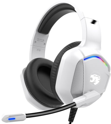 Spelheadset med mikrofon för Pc, Xbox One-serien X/s, Ps4, Ps5, Switch, stereotrådbundna brusreducerande over-ear-hörlurar med mikrofon, RGB, för dator, bärbar dator, Mac, Nintendo (vit svart)