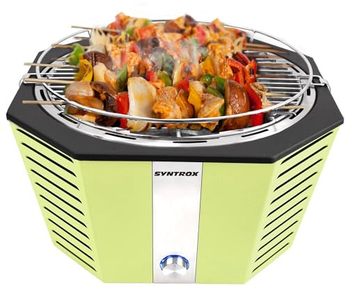 Syntrox Germany Holzkohlegrill Molami aus Edelstahl, Tischgrill, Elektrogrill, Inklusive Tragetasche, Batteriebetrieben, Grill für 6 Personen, Spülmaschinengeeignet (Grün)