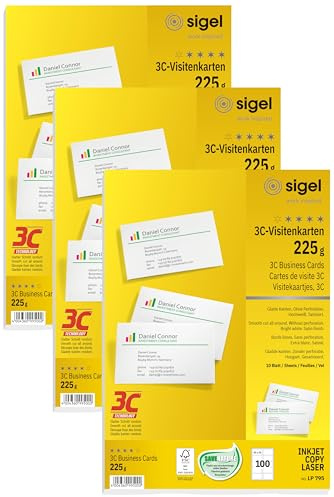 SIGEL LP795 bedruckbare Visitenkarten 3C, 100 Stück (10 Blatt), hochweiß, glatter Schnitt rundum, 225 g, 85x55 mm (Packung mit 3)