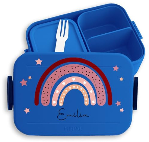 Kinder Bento Box Midi für Mepal Bentobox - Brotbox Regenbogen Lunchbox Rainbow mit Namen I - 900 ml - Blau - brotdose kindergarten vesperbox mädchen schule personalisierte geschenke kind