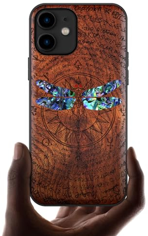 Carveit Étui pour iPhone 11 Coque [Gravure en Bois et Incrustation de Coquille] Cover Compatible avec Apple 11 Luxe et Case Etui Bois (Rosé-Anmutige Libelle)