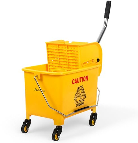 Cubo de fregona amarillo comercial y escurridor de prensa lateral, 20 cuartos de galón, perfecto para profesional/industrial/negocio/hogar
