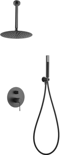 IMEX - Ducha Empotrada Techo Negra Monomando | Kit de Grifería Empotrado con Alcachofa y Rociador Antical Efecto Lluvia | Columna Ducha Empotrada en Latón y Acero Inox S.304 | Serie Top