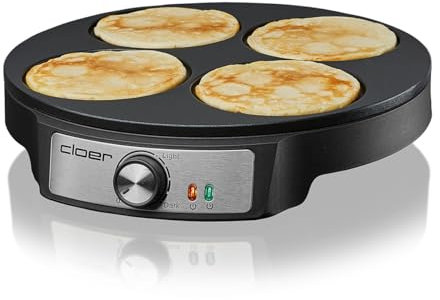 Cloer 6625 Pancake Maker, Mini Pancakes, pour 4 petites pancakes de d'un diamètre de 11 cm, 1200 W, revêtement antiadhésif, comprend un tourne-pancake, noir