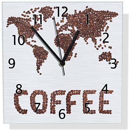 Wallario Design Wanduhr Weltkarte mit Schriftzug aus Kaffeebohnen aus Aluverbund, Alu-Uhr Größe 30 x 30 cm, Schwarze Zeiger mit Metalloptik