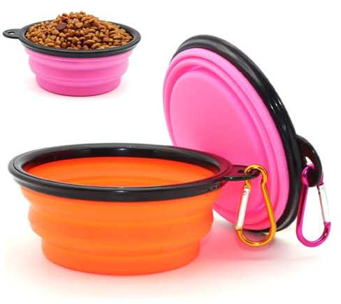 EIHI 2 Piezas Cuencos Plegables para Perros y Gatos, Cuenco de Silicona para Gatos, Cuenco para Perro portátil con Tapas y mosquetón de Viaje y Alpinismo(350 ml, Rosa y Naranja)