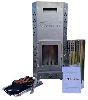 ALMICOTA Estufa de sauna para tienda de campaña de acero inoxidable | acabado de alta calidad | patas plegables | pies bloqueables | rápido proceso de calentamiento | horno móvil | peso 21 kg | mínimo