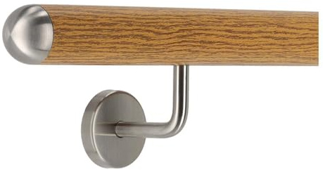 TIBU Handlauf Aluminium Eiche Holz Dekor 30-600cm Wandhandlauf Treppe gewinkelte Edelstahlhalter, Länge 70 cm mit 2 Halter und halbrunde Kappe