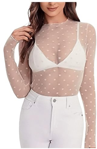 Durchsichtig Sheer Netz Bluse Shirt Damen Netzoberteil Basic Transparent Mesh Top Rundhals Spitzen Blumen Langarmshirt Sexy Festival Oberteile Schwarz Outfit Tops Tunika Langarm Party (White, M)