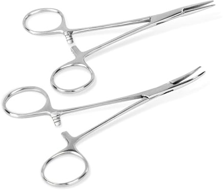 Juego de 2 alicates de bloqueo, abrazaderas rectas y curvas, pinzas autoblocantes con mandíbula dentada para bricolaje, pesca, aseo de mascotas, sutura, acero inoxidable