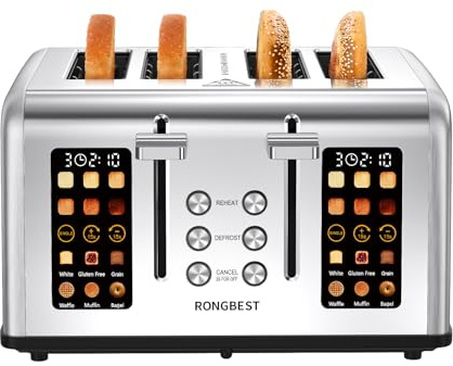 4 Slice Touch Screen Toaster with Wide Slots Stainless Steel Digital Toasters for Family Breakfast, Even Toasting for Bagel & Bread, Reheat Defrost Cancel, Removable Crumb Tray, Silver